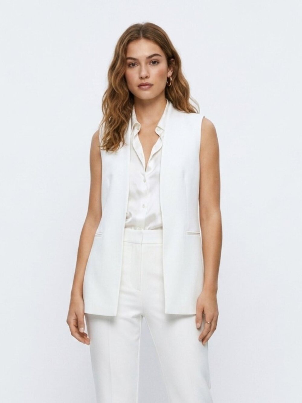 *Zara White Sleeveless Longline Vest Blazer Tailored Waistcoat Open Front 0541